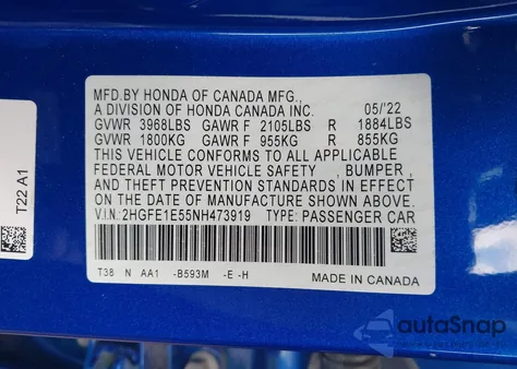 2022 Honda Civic Si Sedan from USA, damaged, VIN 2HGFE1E55NH473919